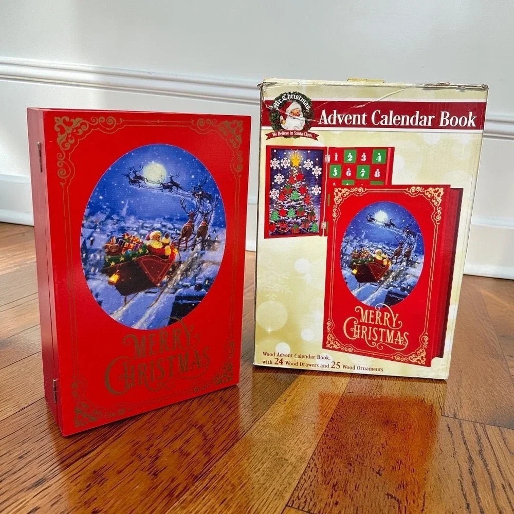 MR. CHRISTMAS Santa on Sleigh Wooden Advent Calendar Book With Ornaments NEW OS